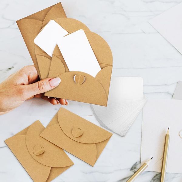 Embrulho para presente mini envelopes dinheiro fivela coração papel kraft conjunto de cartões em branco estilo europeu fabricação marrom