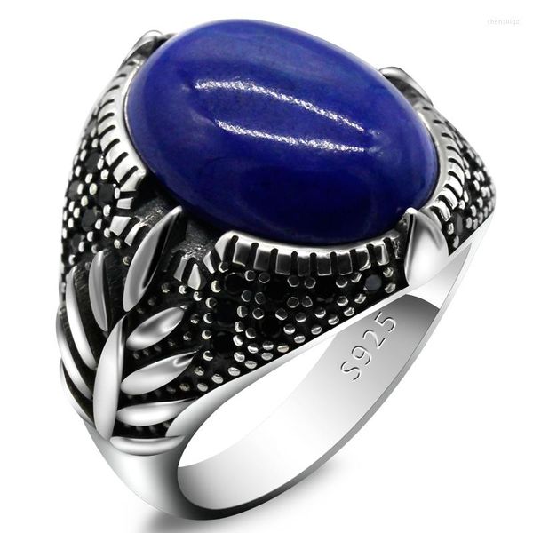 Cluster Ringe Schwarz Männer Ring 925 Sterling Silber Oval Natürliche Lapis LazuliSchwarz CZ Vintage Design Für Männliche Frauen Antike schmuck