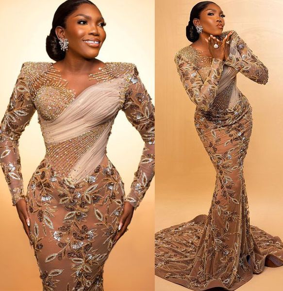 Gold Aso Ebi Mermaid Prom Dress in rilievo in pizzo in pizzo Formale Formale Secondo ricevimento Birthday Bridide -Engagement Abiti abiti da abiti da abiti