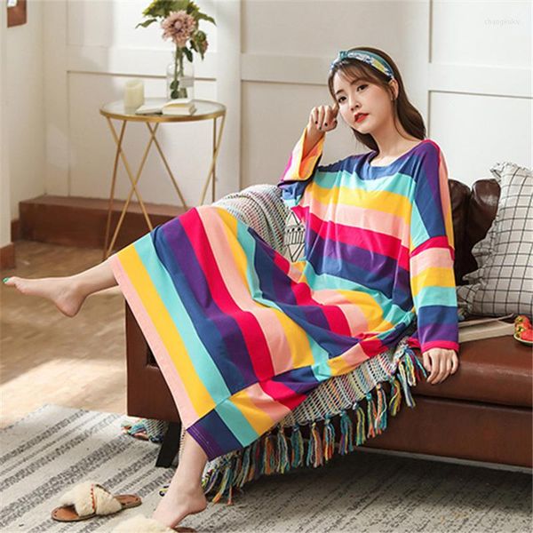 Damen Nachtwäsche Nachthemd Farbstreifen Sommer Damen Fett XL Schlafkleid Baumwolle Einfache Schwangere Frauen Lose Home Service Pyjamas