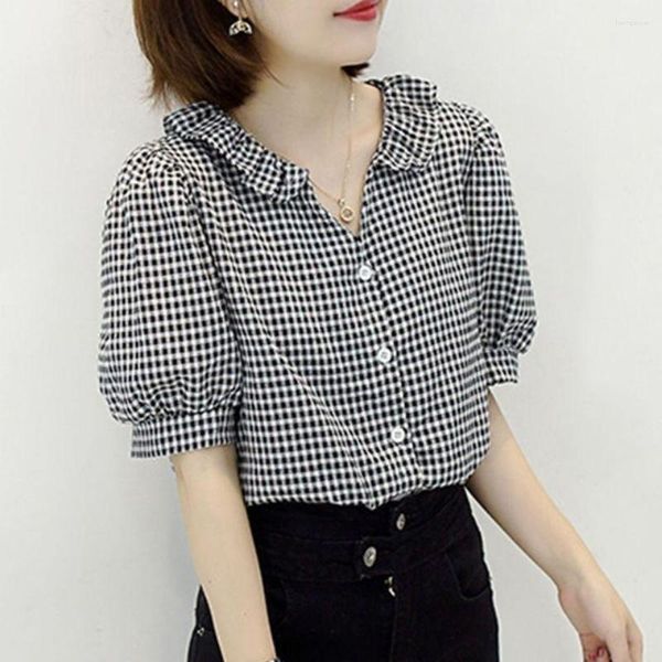 Frauen Blusen 2023 Frühling Sommer Frauen Mode Große Größe Plaid Shirts Weibliche V-ausschnitt Lose Damen Kurzarm Casual F203