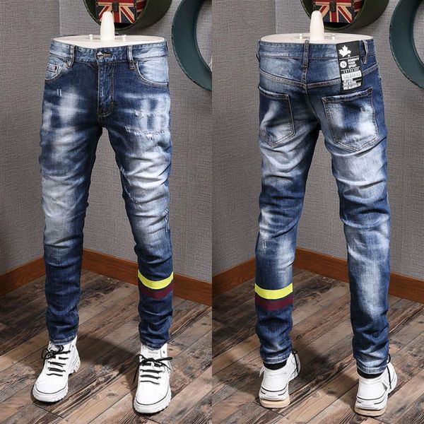 Patch Distressed Light Blue Jeans Cool Guy Fit Gelb gestreift Slim Fit Denim Hose Men260b