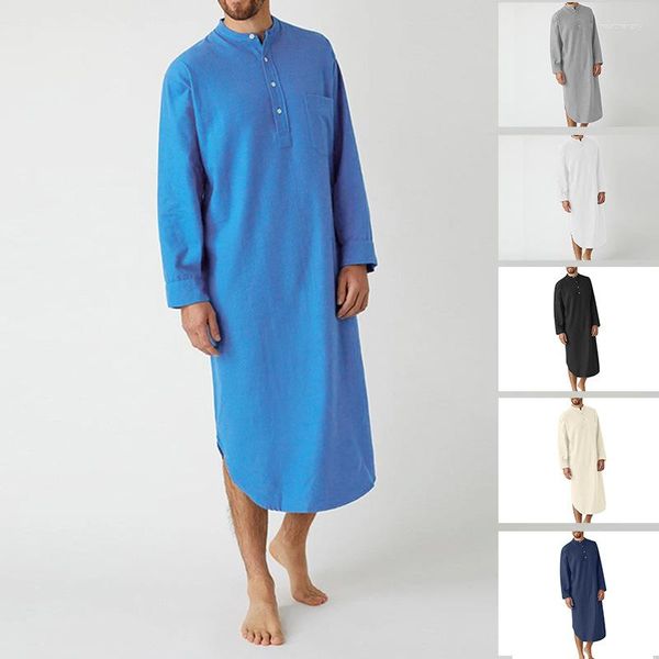 Roupa étnica muçulmana vestido masculino kaftan marroquino manga longa islâmico qamis homem botões abaya cor sólida camisa árabe thobe para homens