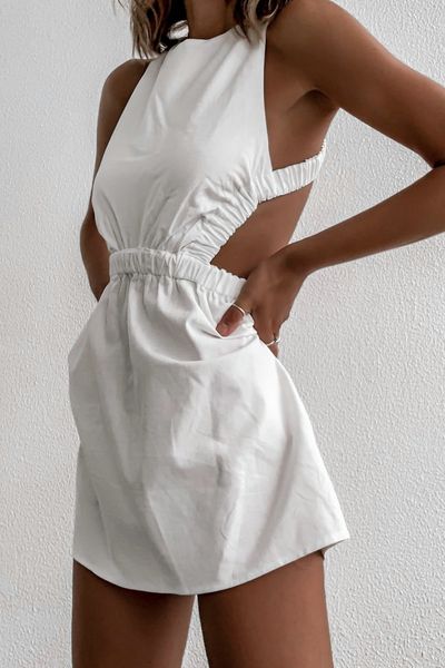 Básico casual vestido sem mangas vestido branco chique alças cruzadas sem costas curto uma linha festa de verão praia elegante cintura alta mini 230629