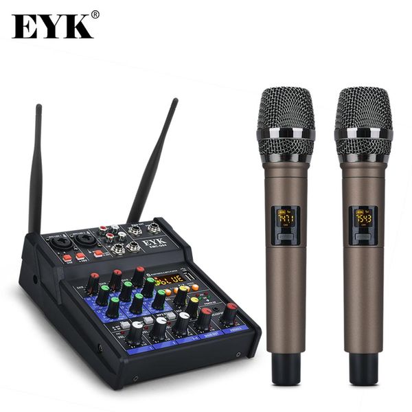 Mixer eyk emcg04 mixagem de áudio com microfone sem fio uhf 4 canais estéreo mixer console bluetooth usb para dj karaoke gravação de computador