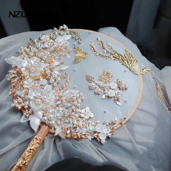 Flores de casamento NZUK Luxo buquês de noiva de mão leque ouro Phoenix tipo chinês pérolas artificiais acessórios de joias de metal