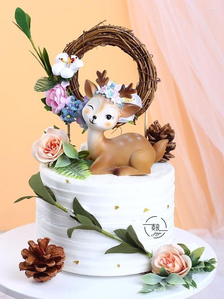 Suprimentos festivos Coroa de flores Decoração de bolo Plug-in Little Elk Baking Sobremesa Vestir-se para crianças Aniversário Festa de casamento