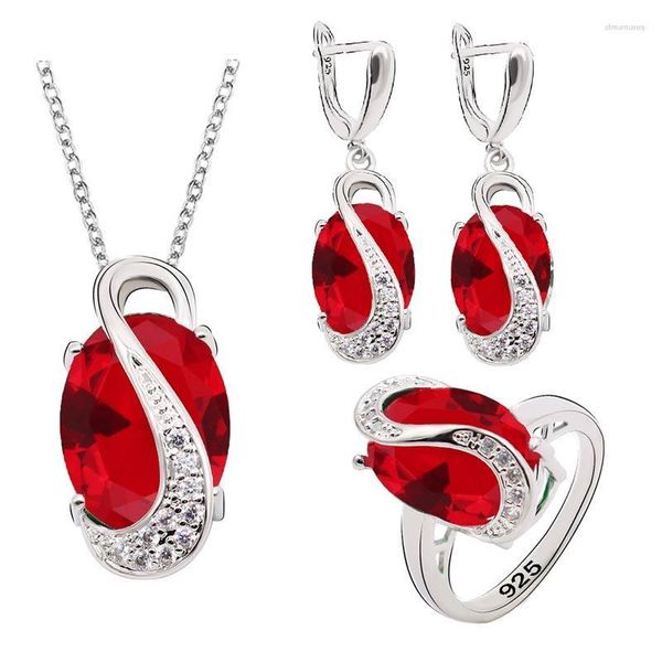 Collana Orecchini Set 925 Timbro Gioielli Per Le Donne Compleanno Matrimonio Pietra Rossa 10 Colori Anello Penant Geometrico