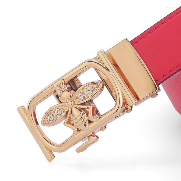 Gürtel Hohe Qualität Biene Strass Automatische Schnalle Dünner Gürtel 2,4 cm Echtes Leder Luxus Strap Ausgefallene Jeans Weibliche Casual Enge Rot