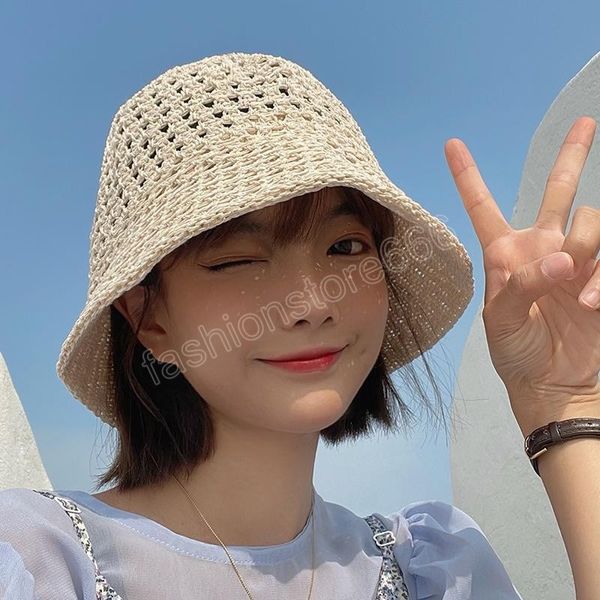 New Fashion Crochet Floppy Summer Hats Pieghevole Dome Bucket Hat Scava fuori tinta unita Beach Caps Semplicità Soft Women Hat