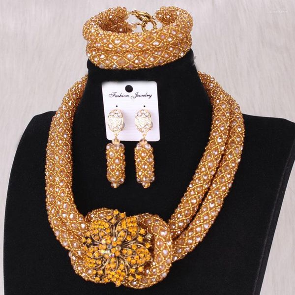 Halskette Ohrringe Set Dudo Afrikanische Kristallperlen Nigerianische Hochzeit Für Frauen Gold / Rot Zubehör Stre22