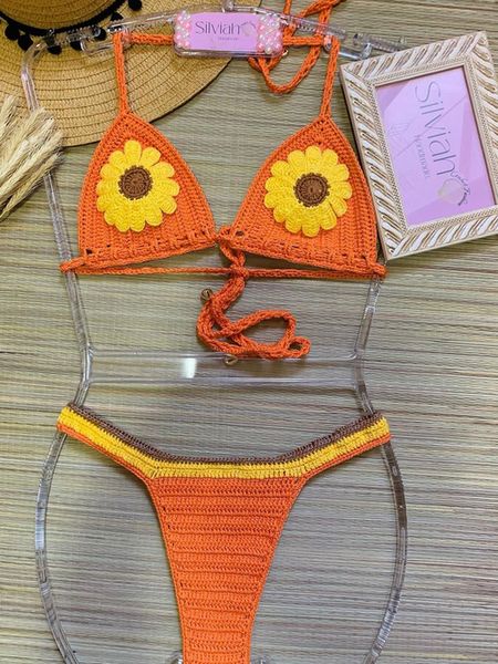 Conjuntos de biquínis femininos de crochê feminino sexy com flores, ajustável com cadarço, roupa de banho laranja e azul Boho Beachwear Swim 230629