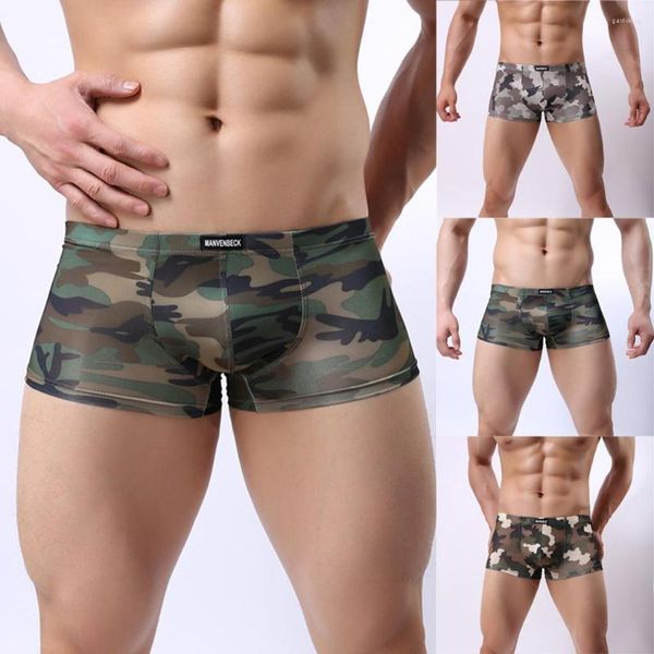 Cueca Boxer de Malha de Marca Sexy Men U Pouch Trunk Cintura Baixa Boxer Moda Camuflado Estampado Shorts Cueca Masculina