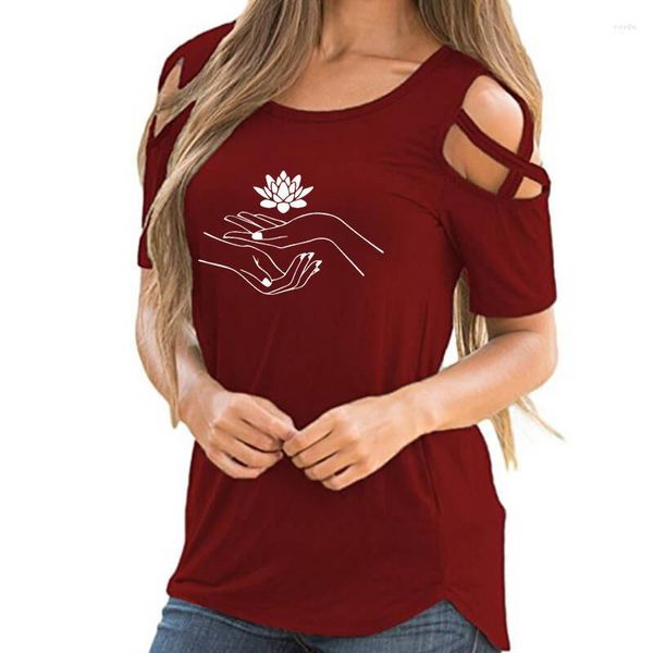 T-shirt da donna Cute Namaste Lotus Hand Print T-shirt da donna Estate Buddismo Lover Gift Cross Off Shoulder Maglietta casual Femme Tops For