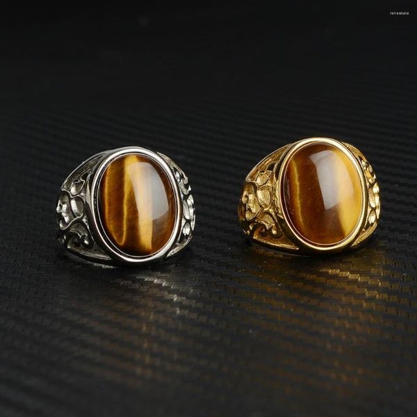 Cluster Rings Turco Feito à Mão Vintage Aço Inoxidável Marrom Olho de Tigre Anel de Pedra Para Homens Espiral Gravado Declaração Retrô Aliança de Casamento