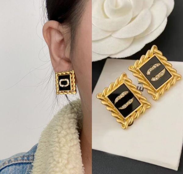 18K Gold Plated 925 Silvrer Designers Letters Stud Geometric Square Oil Drip Women Crystal Rhinestone Earring Wedding Party Jewerlry