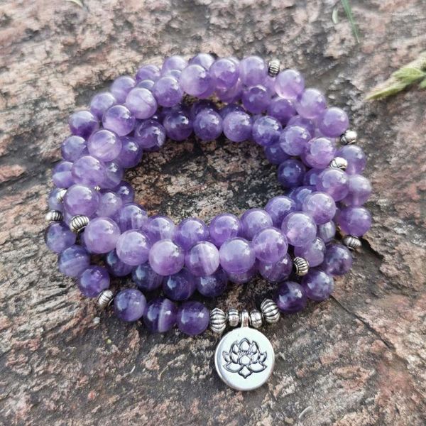 Charm Bracelets 108 Contas 8mm Natural Roxo Cristal Com Lótus OM Buddha Pulseira Pedra Jóias Colar Feminino