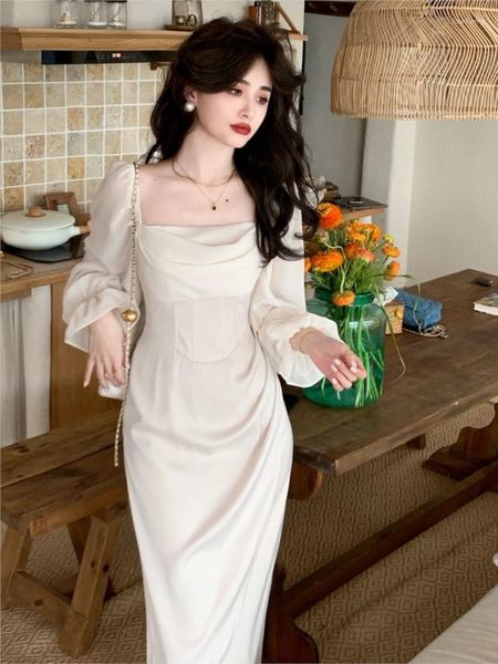 Vestidos Casuais 2023 Primavera Vintage Feminino Espinha de Peixe Vestido Quadrado Manga Longa Retro Rosa Branco Preto Vestido de Festa Para Embarazada