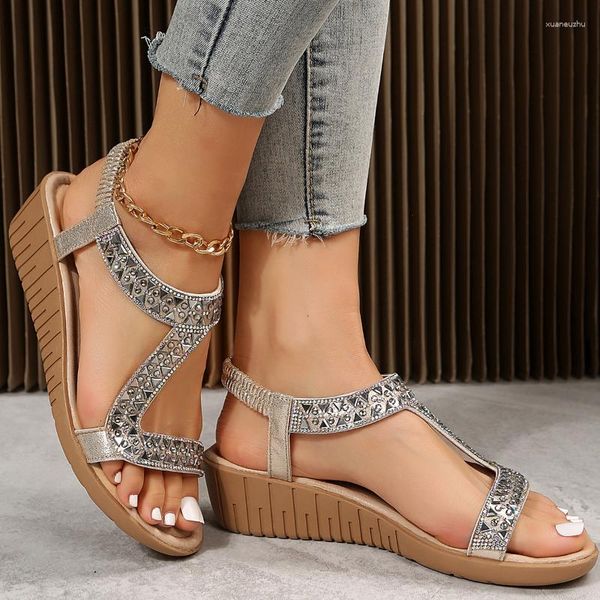 Sandálias Bohemian Summer Shoes Sweet Womens High Quality Strass Casual Plus Size 36-43 Flats Beach Sandalias