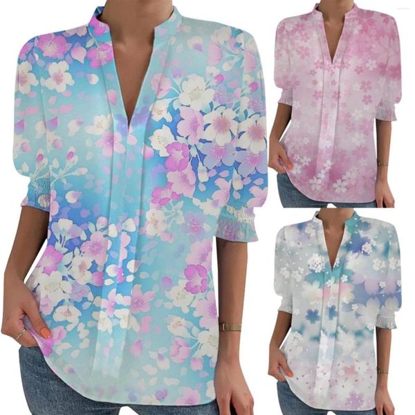 Camicette da donna T-shirt con scollo rotondo da donna T-shirt western da donna Moda estiva Colletto alla coreana Mezze maniche e magliette