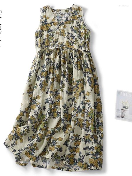 Günlük Elbiseler Kolsuz Kadın Elbise Baskı Çiçek O Boyun Pamuk Keten İnce Gevşek A Hattı 2023 Yaz Mori Kız Uzun YoYiKamomo