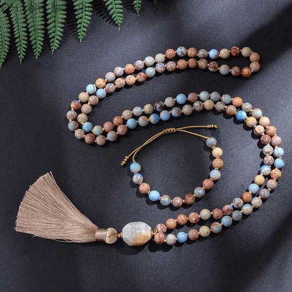 Colares com miçangas Colares com miçangas 8mm Imperador Jasper Frisado Nó Japamala Colar Meditação Yoga Bênção Conjunto de Jóias 108 Mala Z230630