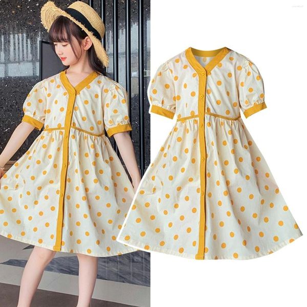 Vestidos para meninas Meninas no verão Manga curta Amarelo Ondulado Pontos Gravata Adições raras Flor de bebê