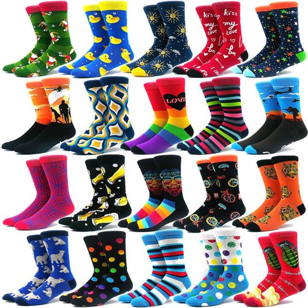 Herrensocken aus farbiger Winter-gekämmter Baumwolle, warm und Damen-Crew-Happy-Strümpfe, Calcetines De Hombre, Business-Kleid