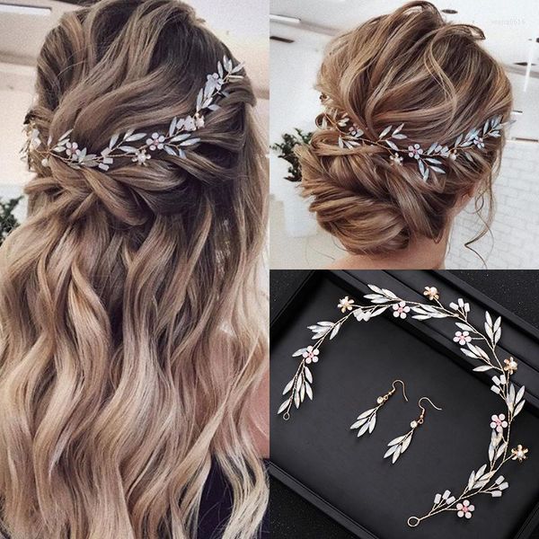 Haarspangen, Blumen-Stirnbänder, Milchkristall, goldene Hochzeitskleid-Accessoires mit Ohrringen, Perlenranken, handgefertigter Damenschmuck