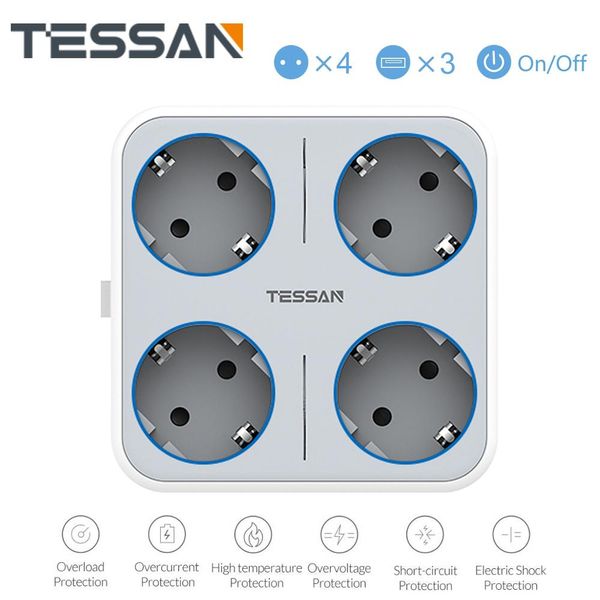 Numero Tessan Eu Mulitple Wall Socket con interruttore on/off 4 prese 3 Porte di ricarica USB 5V 2.4A Protezione da sovraccarico della striscia di alimentazione