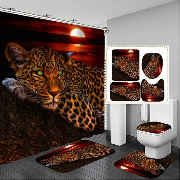 Занавески для душа Moon Leopard Cheetah Наборы занавесок для душа Наборы декора для ванной комнаты Занавески для ванной Коврик для унитаза Крышка Ковер Аксессуары Животный принт 4 шт. 230629