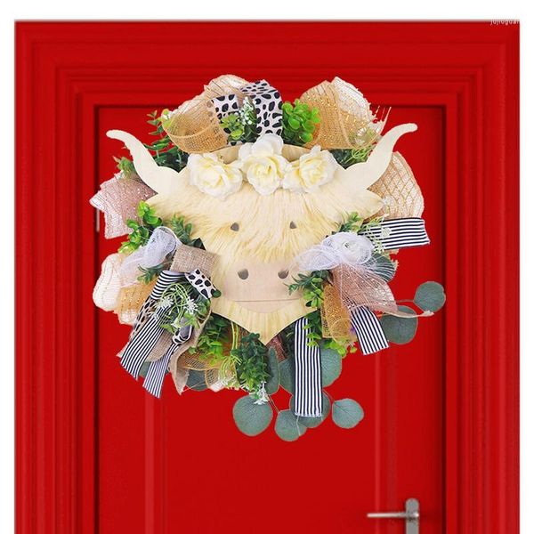 Декоративные цветы Highland Cow Wreaths For Front Door Крупный рогатый скот Искусственные весенние листья Цветок Приветственный знак