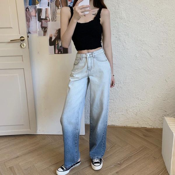 Damen Jeans Trendy Frauen Dünne Denim Retro Gewaschene Taschen Farbverlauf Hosen Weibliche Hohe Taille Gerade Hosen Schönen Sommer Ins