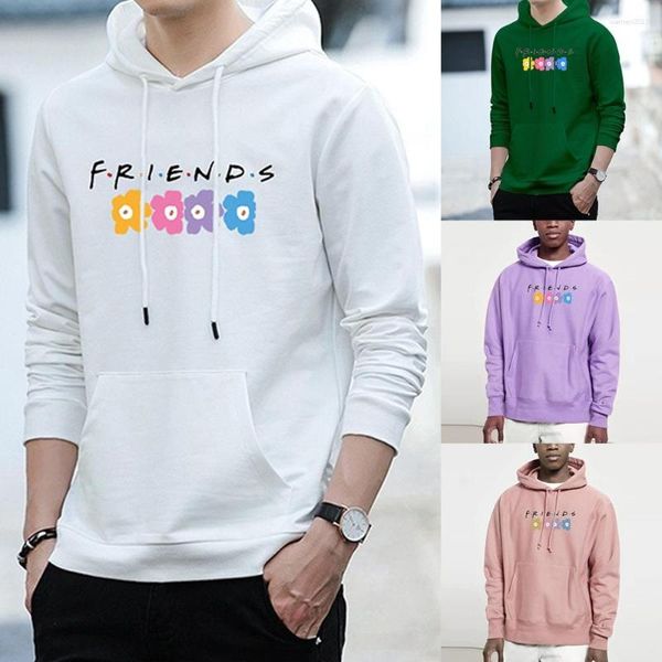 Moletons Masculinos Harajuku Outono Manga Comprida Top Fino Suéter Friend Print Draw String Bolso Streetwear Moda Roupas para Todos os Jogos