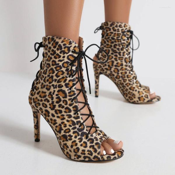 Sandália Sexy Loepard Sapatos de Verão Feminino Cut-outs Gladiator Ankle Boots Salto Alto com Cadarço Dance Party Feminino Tamanho Grande 48