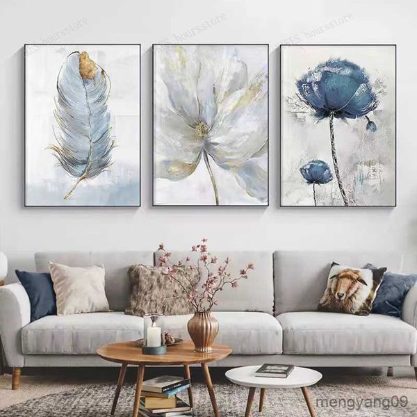 Outra decoração de casa pintura de arte abstrata nórdica decoração de sala de estar imagem azul ouro planta folhas impressão de pôster em tela moderna decoração de casa R230630