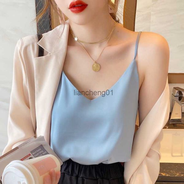 Kore Ipek Kadın Üstleri Camiş Kadın Saten Tank Top Moda Bayan V Yaka Camiş Kadın Kolsuz Beyaz Seksi Halter Üst XXXL L230619 Tops