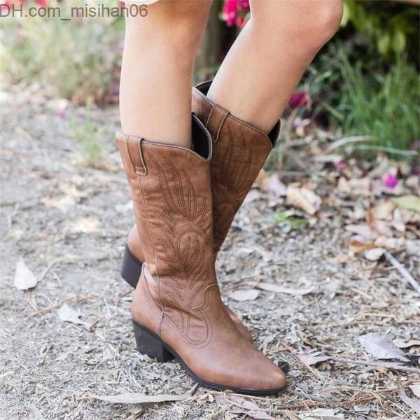 Botas Botas Clássicas Bordadas Western Cowboy para Mulheres Cowgirl Salto Baixo Sapatos até o Joelho Mulher 220902 Z230630