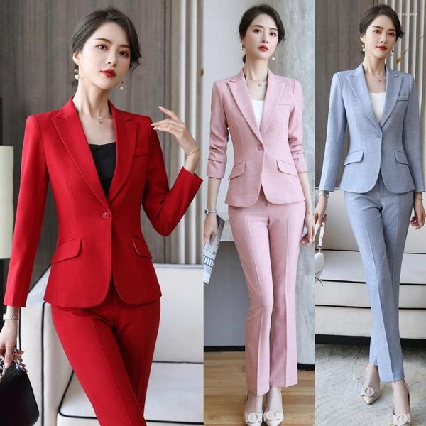 Pantaloni a due pezzi da donna Completi con pantaloni formali per le donne Business Blazer rosso e set di giacca Abbigliamento da lavoro da donna Clohtes Stili uniformi per ufficio