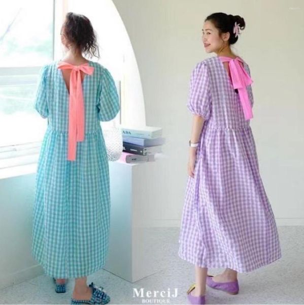 Повседневные платья Южная Корея Dongdaemun Chic Свободные большие размеры после связывания Маленькое свежее старое длинное платье в клетку на шнуровке Лето