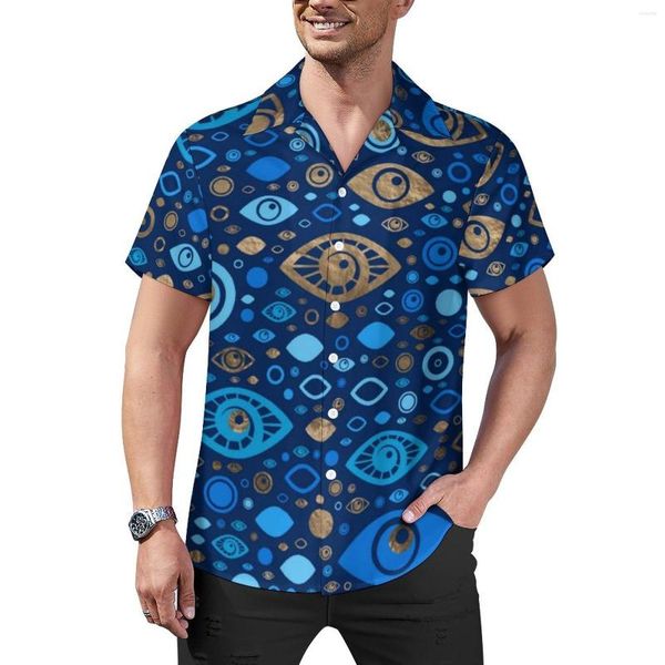 Erkek Casual Gömlek Yunan Nazar Blues Ve Altın Tatil Gömlek Hawaii Serin Bluzlar Adam Grafik Büyük Boy