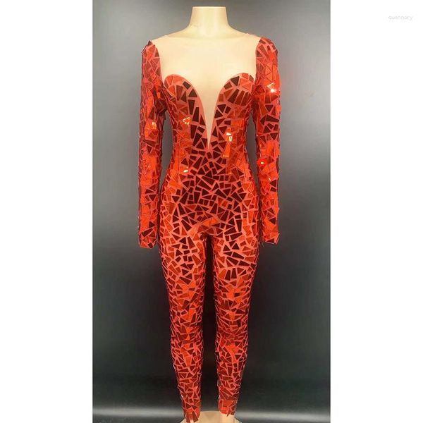 Stage Wear Women Mesh Jumpsuit Sparkly Gold Red Mirror Trasparente Compleanno Festeggia il ballo di fine anno Bar Dancer