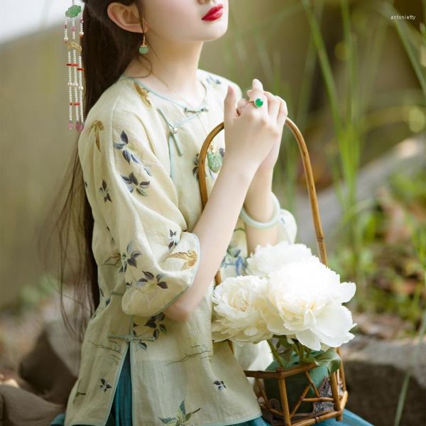 Этническая одежда, китайский топ, женские традиционные винтажные ханьфу, элегантные топы Qipao в китайском стиле, летняя рубашка, свободные повседневные короткие блузки для девочек, 2023