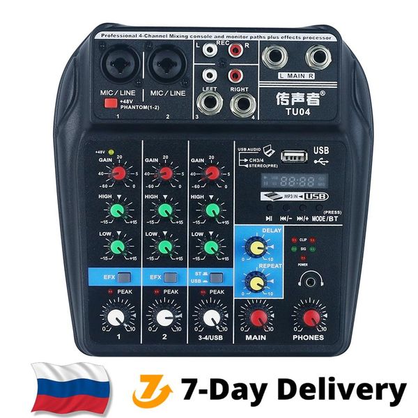 Mixer Professionelle 4 Kanäle Mischpult Bluetooth Soundkarte DJ Audio Interface USB Sound Mixer Mikrofon 48v Phantom Power