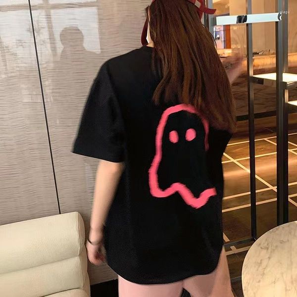 Camisetas Femininas Kawaii Ghost Print Manga Curta Tide Marca Adered T-shirt Feminina Harajuku Streetwear Unisex Casal Solto Tees Tops de Verão