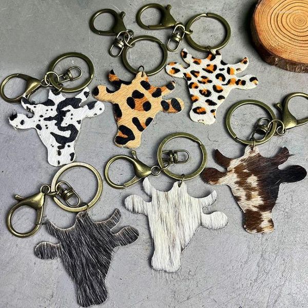 Keychains Genuine Leather Leopard Cow Head Keychain Western Key Fob Chains Ring Bag Charm Vintage Jewelry Wholesale