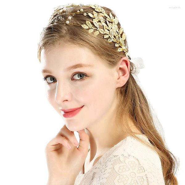 Haarspangen Gold Hochzeit Brautschmuck Perle Kristall handgemachte Tiaras Krone Frauen Vintage Blätter Strass Accessoires tragen