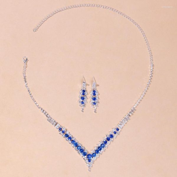 Set di orecchini per collana Eleganti gioielli da sposa da sposa in cristallo con strass blu per le donne Set girocollo a forma di V placcato argento Orecchini Orecchini