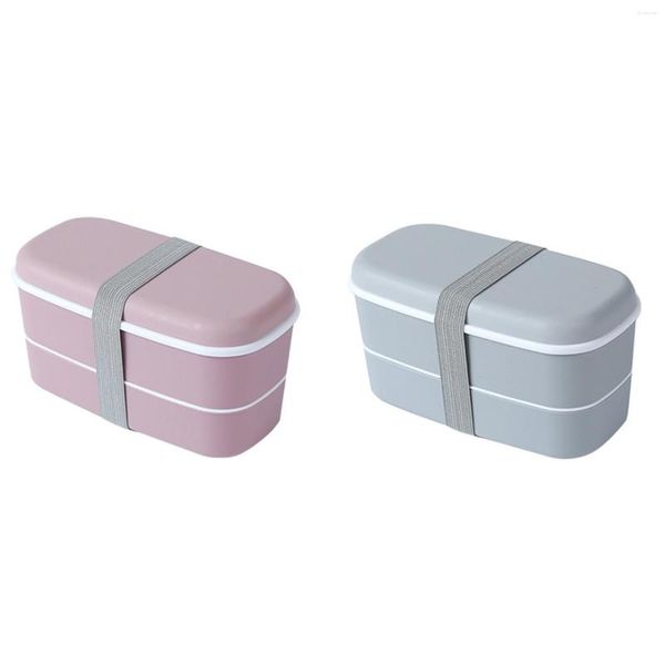 Наборы столовой посуды, 2 комплекта, двухслойная коробка для завтрака, пригодная для микроволновой печи, с отделениями, изолированный контейнер Bento, розовый, серый