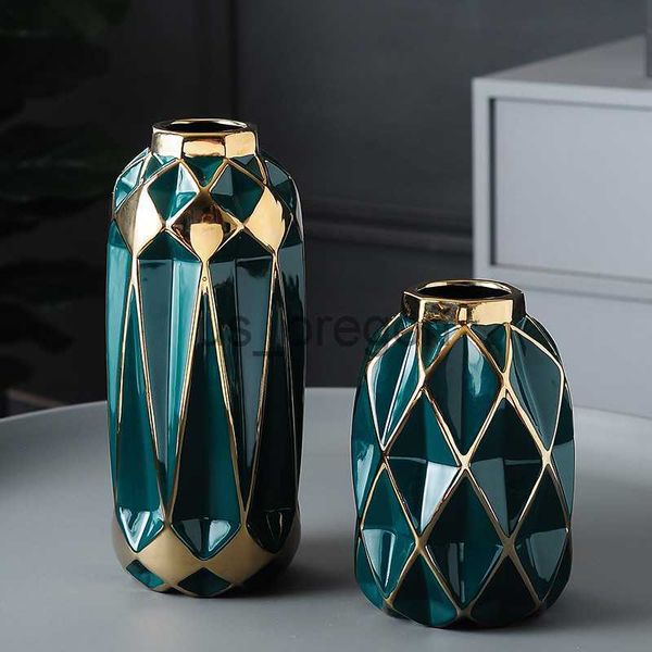 Vasos Moderno Vaso de Diamante de Cerâmica Luxo Lado Dourado Recipiente de Flores Arte Abstrata Garrafa de Flores de Mesa Decoração de Sala de Estar em Casa x0630